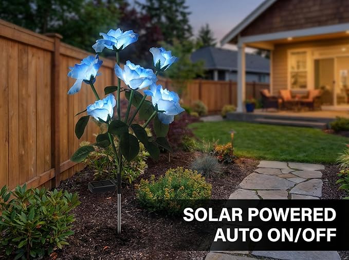 Solar Garden Rose Lights by FANCYPOP, 2 Pack Most Realistic 12 LED Flower Stake Lights, IP65 Waterproof 7 Color Changing Solar Decor for Walkway/Graveyard, Heartwarming Gifts for Grandma & Mom, Blue