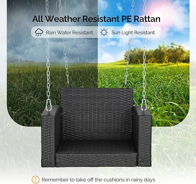 Outvita Porch Swing, 2FT Hanging Outdoor Porch Swings for Adults, Square Wicker 1 Person Patio Swing, with Pillow, Cushion and Chain for Garden, Backyard, Weight Capacity - 440lbs Black & Grey