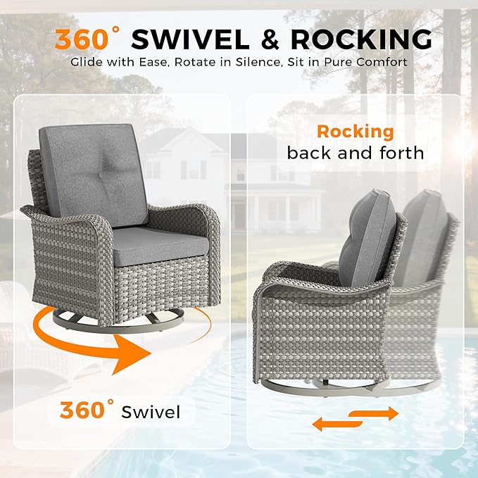 10-Seat Modern Patio Furniture Set with Swivel Rocking Chairs, Thick 4″ Cushions, Dual-Strand Wicker Rattan, Rust-Resistant Steel Frame – Outdoor Conversation & Modular Sectional,Gray