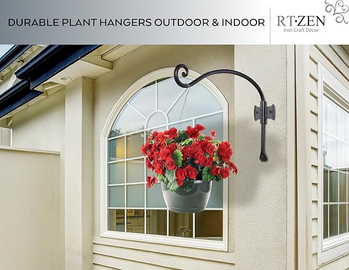 RTZEN Plant Hangers Indoor or Outdoor - Wrought Iron Metal Hanger Indoor Hook - Heavy Duty Wall Bracket Hooks for Hanging Plants Baskets Lanterns Wind Chimes - 2 Pack (Black Axe-Shape Hooks)