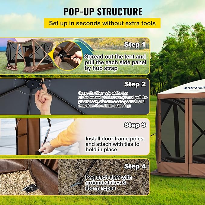 VEVOR Pop Up Gazebo Screen Tent, Pop-Up Instant Gazebo Tents with Mosquito Netting Outdoor Canopy, 6 Sided Sun Shelter 10x10ft with 6 Removable Wind Cloths & 2 Mesh Windows, Pavilion Tent for Patio