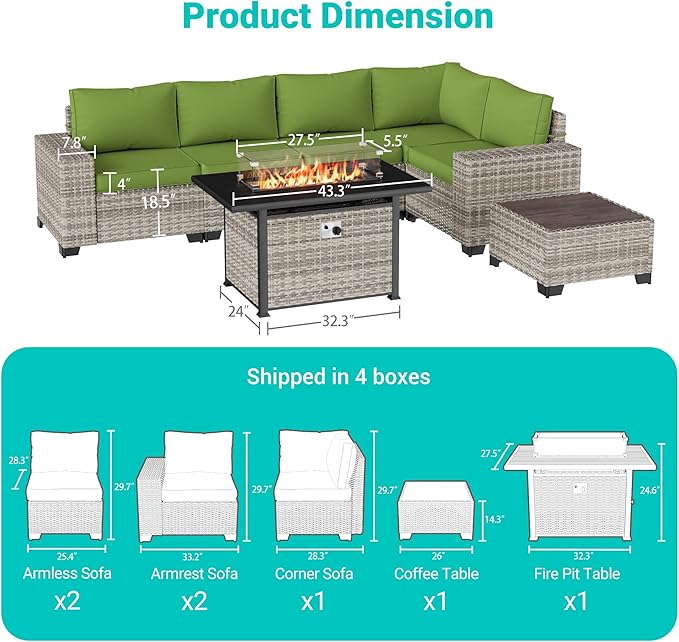 7-Piece Outdoor Patio Furniture Set with 55,000 BTU Fire Pit Table, PE Wicker Rattan Sectional Sofa Patio Conversation Set with Thickened Cushions & Coffee Table, Avocado Green