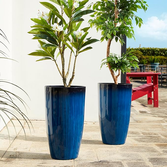 Glitzhome 23.5" H Oversized Tall Round Tapered Planter, Set of 2 Large Gradient Cobalt Blue Faux Ceramic Tall Planters Pots, Plastic Flower Pots with Drainage Holes for Front Porch Patio Garden Deck