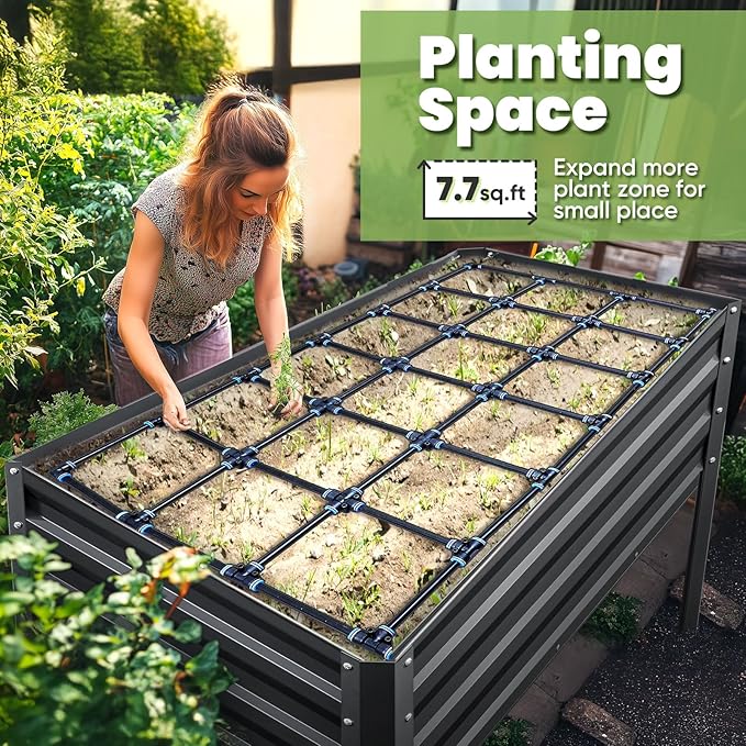 KING BIRD Raised Garden Bed with Irrigation System and Legs Galvanized Elevated Planter Box 48×24×31.5 in for Backyard, Patio, Balcony, 400lb Capacity, Dark Grey