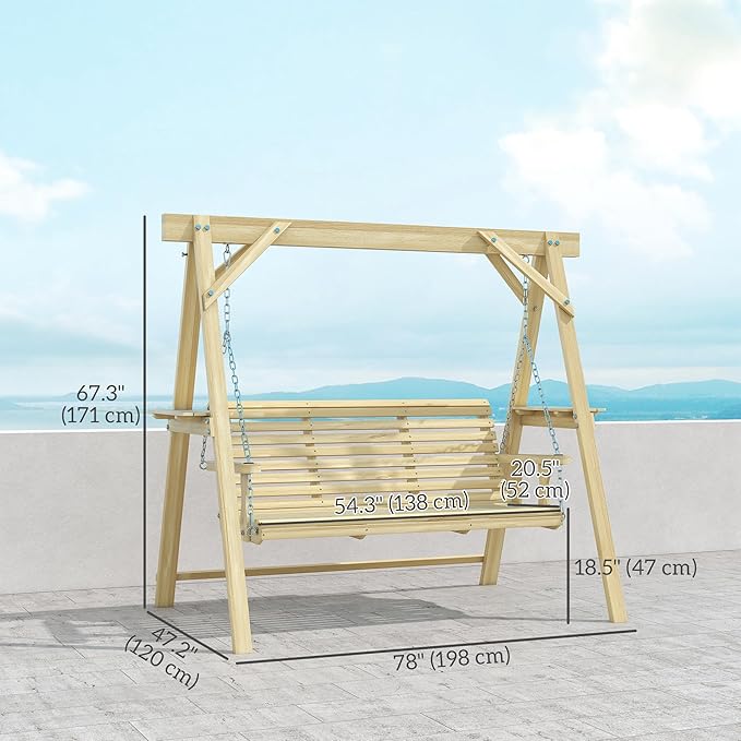 Outsunny 3 Seat Porch Swing with Stand, Wooden Patio Swing Chair with Side Tables and Metal Chains, Outdoor Swing Bench for Garden, Poolside, Backyard, Natural Wood
