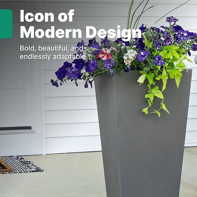 Step2 Tremont Tall Square Tapered Planter, 28", Indoor/Outdoor Plants, Efficient Drainage, Durable Resin, Dark Cedar