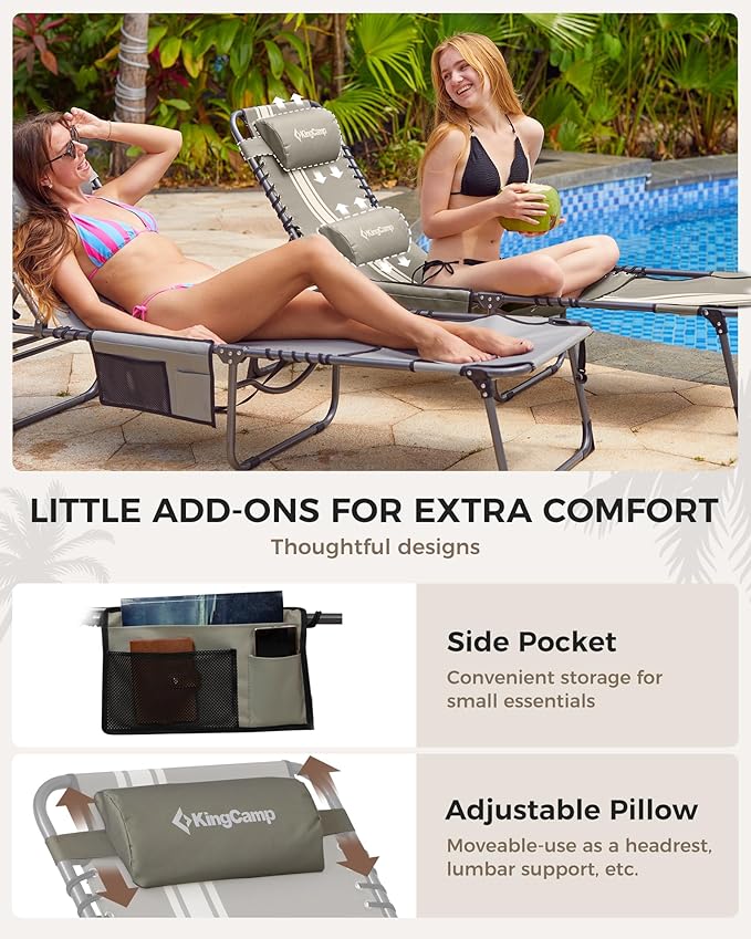 KingCamp Tanning Chair with Face Hole, Lounge Chairs Outdoor Folding Comfy Adjustable 5-Position Lay Flat Foldable Chaise Chaser Lounger for Outside Beach Patio Sun Bathing Pool, Grey/White