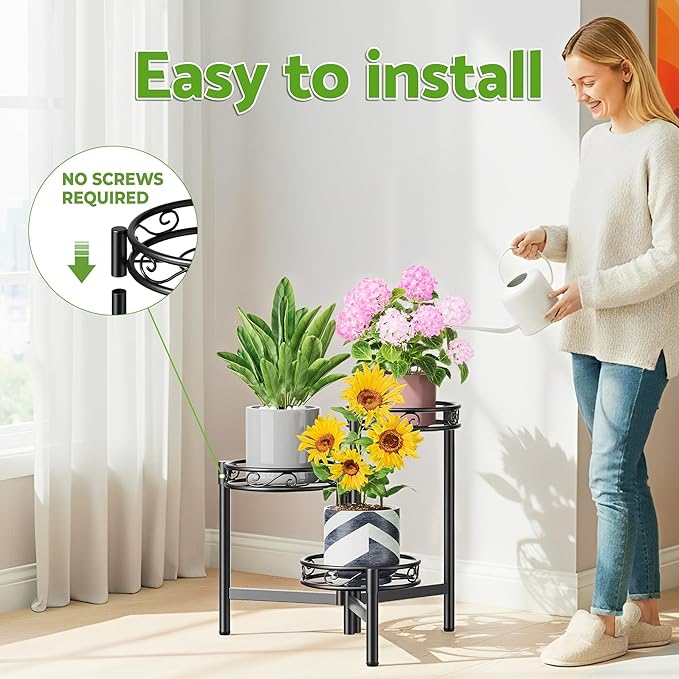 3-Tier Plant Stand Outdoor,Metal Plant Stand for Multiple Plants, Folding Tall Plant Rack Display Shelf for Corner Living Room Porch Patio Garden Office - BalckCircle