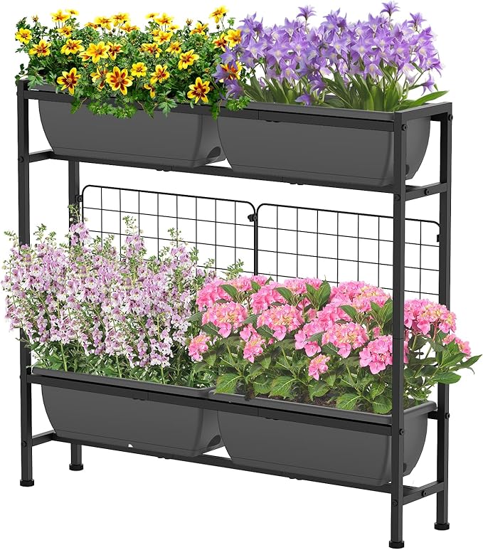 CADUKE Raised Planter Box, Plastic Raised Garden Bed with Legs, Standing Planter Box with Drainage Holes & Trellis, 32" Elevated Flower Beds Outdoor & Indoor for Vegetables, Balcony, Patio, Grey