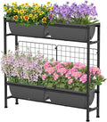 CADUKE Raised Planter Box, Plastic Raised Garden Bed with Legs, Standing Planter Box with Drainage Holes & Trellis, 32" Elevated Flower Beds Outdoor & Indoor for Vegetables, Balcony, Patio, Grey