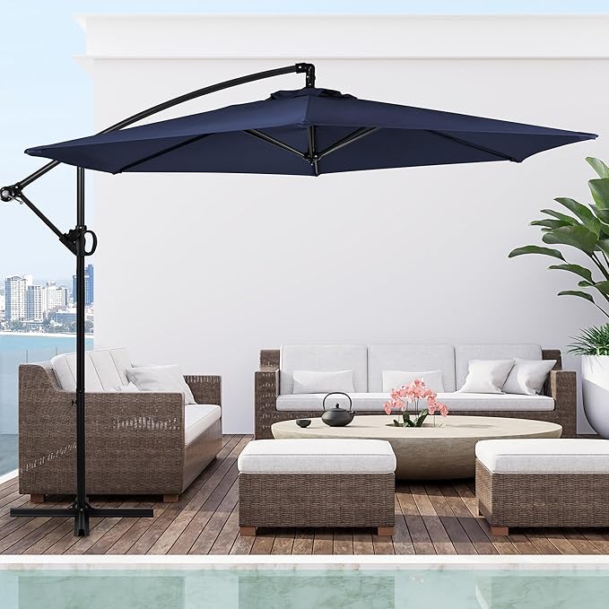 Shintenchi Patio Offset Umbrella with Easy Tilt Adjustment,Crank and Cross Base, Outdoor Cantilever Hanging Umbrella, Sunshade Free Standing Canopy, Navy Blue