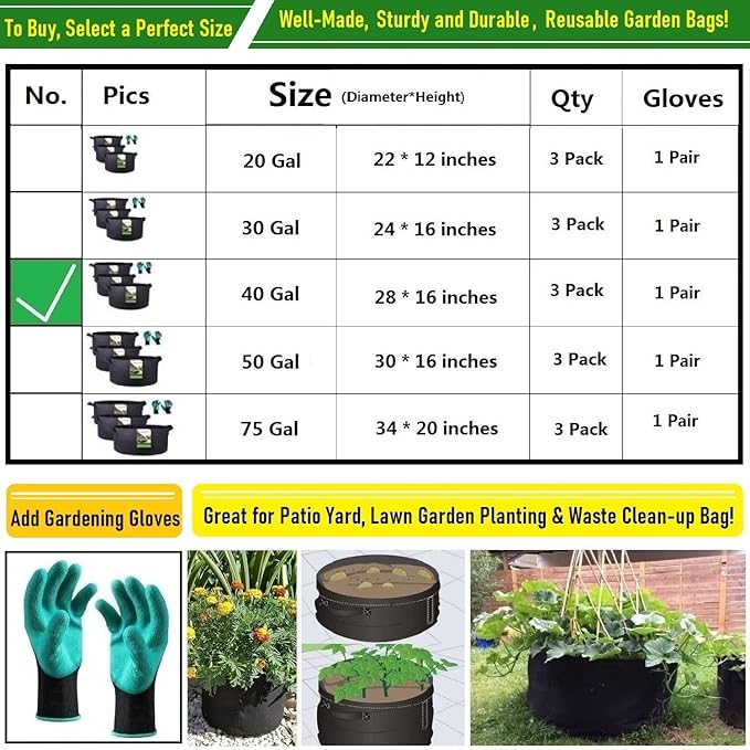 3-Pack 40 Gallon Thickened Plant Grow Bags Large (28x16 in) Heavy Duty Garden Bag Fabric Plant Pots for Potato,Tomato Planter,Herbs Veggies Planting,Flower Pots,Barrel Planter,Leaf Bag,Yard Waste Bags