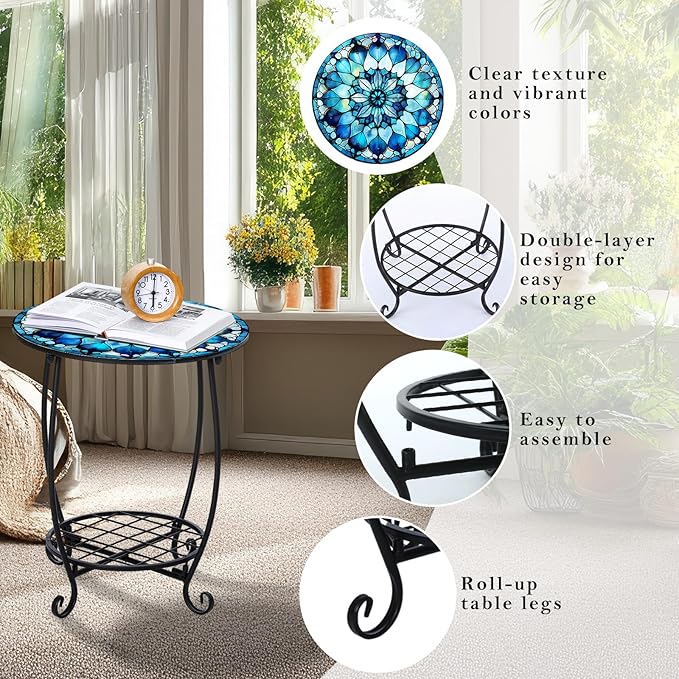 Outdoor Side Table Round Small Mosaic Patio Accent Indoor End Plant Coffee Tea Table for Yard Patio Porch Garden Living Room, Bedroom(Mandala Style,18 Inch)
