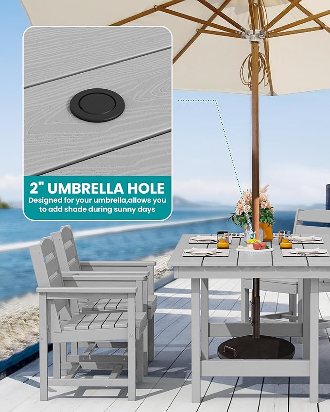 SERWALL 67" Outdoor Dining Table - HDPE All-Weather Rectangular Patio Table with Umbrella Hole, Light Gray