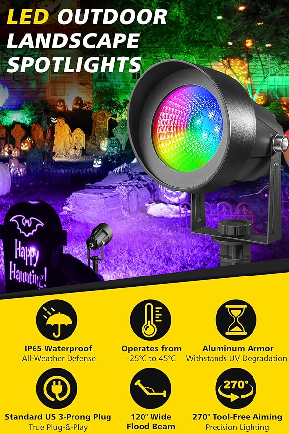 T-SUN Spot Lights Outdoor Waterproof IP65 with US Plug, 270° Adjustable, App & Remote Control, Timer, Dimmable, Music Sync, Multi Scenes, Color Changing Landscape Lights for Yard Garden