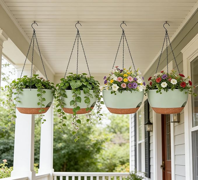 Set of 2-8 Inch Self Watering Hanging Planters for Indoor Outdoor，Hanging Plant Pots with Drainage & Removable Tray, Hanging Pots Holder for Ivy, Pothos, Ferns, Balcony & Patio, Green Brown