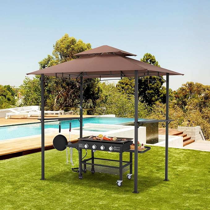 AECOJOY 8' x 5' Outdoor Grill Gazebo Canopy, BBQ Canopy for Outdoor Grill, 2- Tier BBQ Grill Gazebo Shelter for Patio, Backyard and More (Brown)
