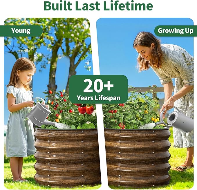 Kesfitt Round Metal Raised Garden Bed, 2x2x1.5 FT, 18-Inch Deep Galvanized Steel Garden Bed with Open Bottom for Outdoor Vegetables & Herbs, Walnut Finish, 2 Pack