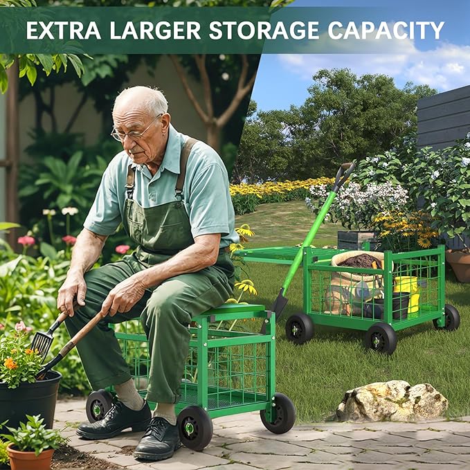 FLINTER Rolling Garden Work Seat with Wheels, Upgraded Heavy Duty Gardenning Cart with Seat - Garden Rolling Stools with Wheels for Seniors, Lawn, Patio & Backyard Gardening, Green