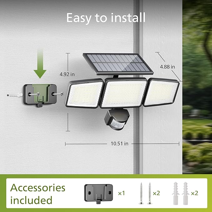Philips Solar Security Light Outdoor Light 302 LEDs 1200lm，Solar-Powered Waterproof Wall-Mounted Flood Light w/PIR Motion Sensor, 3 Heads, IP65 Waterproof, 3 Modes (1 Pack)