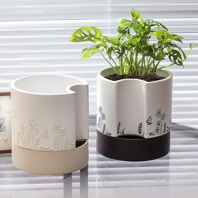 Nihow Self Watering Plant Pot: 8 Inch Ceramic Planter with Drainage Hole & Water Storage Plus for Indoor & Outdoor Plants - Cylinder Round Flower Pot for Succulent/Herbs/Violets - White