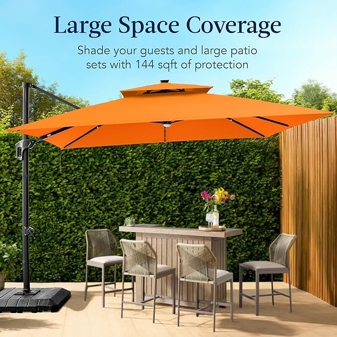 Best Choice Products 12x12ft LED Cantilever Patio Umbrella w/Base Included & 360° Rotation, Large Solar Offset Hanging Outdoor Sun Shade for Deck, Backyard Table w/Stand & Lights – Orange