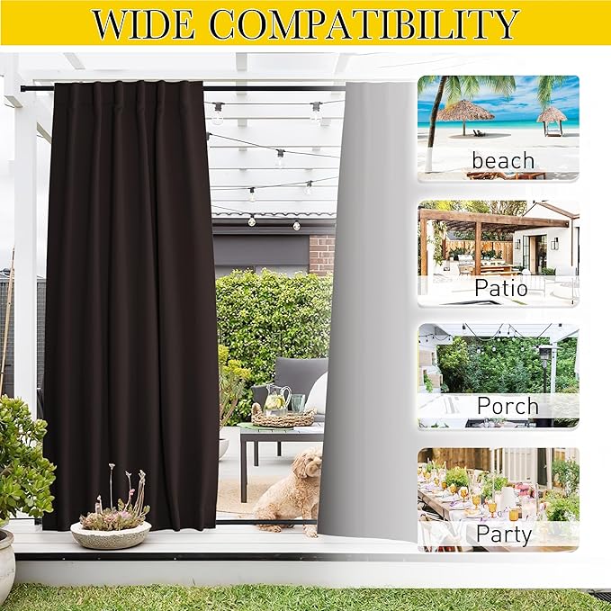 NICETOWN 2 Panels Outdoor Curtains Waterproof Pocket & Back Tab on Top & Bottom, Thermal Insulated Windproof Sun Blocking Outside Privacy Drapes for Patio with Fixed Rope, W52 x L95, Toffee Brown