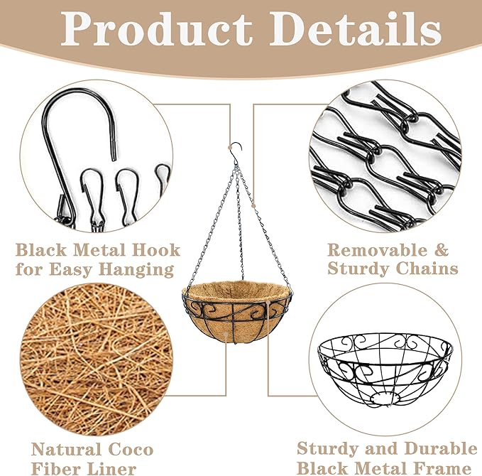 Outdoor Metal Hanging Planters Basket (4pack, 10 inch) Hanging Baskets for Plants Chain Round Wire Plant Holder with Coco Fiber Liners for Garden, Patio, Deck, Porch(Flower Border)