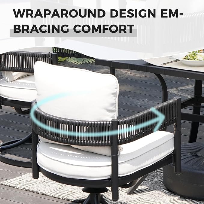 Grand patio 7-Piece Outdoor Dining Set for 6 with 1 Rectangle Expandable Table for 4-6 Person, Metal Woven Wicker Swivel Patio Chairs with Thickened Cushions for Yard, Poolside, Deck (Black)