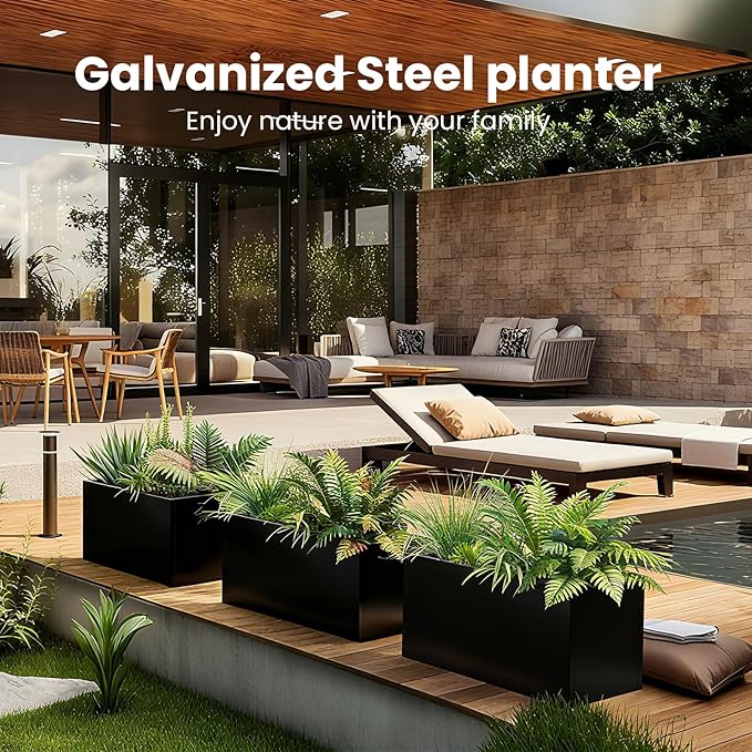 Black Planter Box Galvanized Steel Rectangular Metal Planter 36" L x 12" W x 16" H Indoor Large Outdoor Planters Steel Metallic Heavy Flower Pot Commercial Residential for Patio, Backyard, Garden