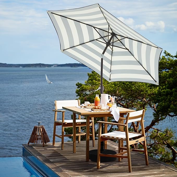 JEAREY 7.5FT Patio Umbrella Outdoor Market Umbrella with 6 Sturdy Ribs, Push Button Tilt/Crank Table Umbrella for Garden, Deck, Backyard and Pool, Beige & Black Stripe
