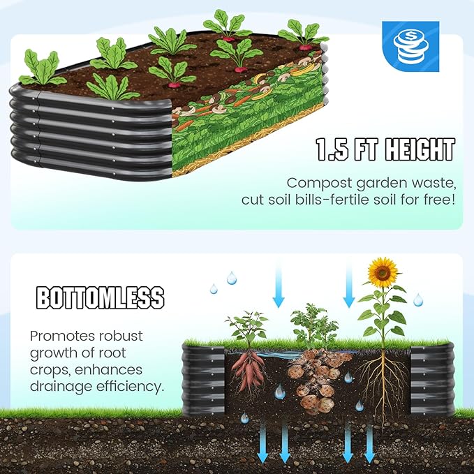 Quictent Galvanized Raised Garden Bed Kit, 8x4x1.5 ft Oval Metal Planter Box Tall for Vegetables Outdoor Backyard, Strengthened by Crossbar, Dark Gray