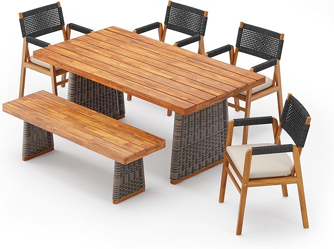 Christopher Knight Home Pasco Acacia Wood Outdoor Dining Table Set for 6, Wicker Patio Dining Set with Acacia Wood Table and Bench, Patio Table and Chair Set with Cushion+Rope Backrest,Black+Teak+Grey