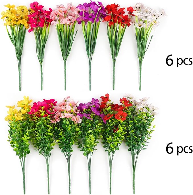 MACTING Artificial Flowers for Outdoors 12 Bundles Faux Outdoor Plants UV Resistant Fake Plastic Flowers No Fade for Planters Patio Porch Garden Home Indoor Outside Summer Decorations(Mix Color-2)