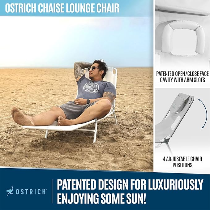 Ostrich 72 by 22 Inch Versatile Chaise Lounge Portable Reclining Lounger, Outdoor Patio, Beach, Lawn, Camping, or Pool Tanning Chair, White