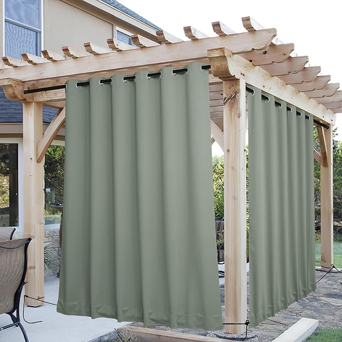 NICETOWN 2 Panels Outdoor Curtains for Patio Extra Wide 84", Waterproof & Windproof Grommet & Back Tab Fixed Top and Bottom Thermal Insulated Drapes with Rope for Gazebo, Sage Green, W84 x L84