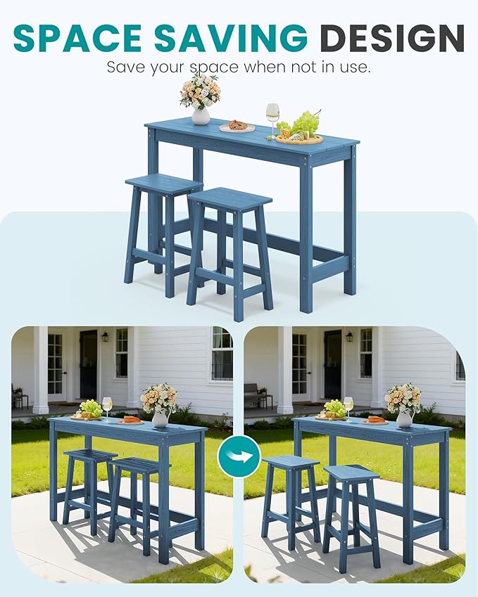 SERWALL 3-Piece Outdoor Bar Set, Rectangular All Weather HDPE Bar Height Patio Set, Outdoor High Top Table and Stools for for Outside, Poolside, Backyard, Garden, Blue