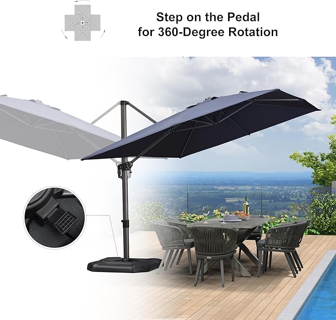 PURPLE LEAF 9'×11.5' Cantilever Patio Umbrella with Base Rectangle Offset Outdoor Umbrella Cover with Zipper for Garden Deck Pool Navy Blue