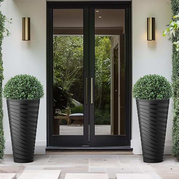 Kante 29 Inch Tall Planter Set of 2, Round Spiral Textured Flower Pots, Decorative Plant Pots for Outdoor Indoor Garden Patio Front Porch (Black)