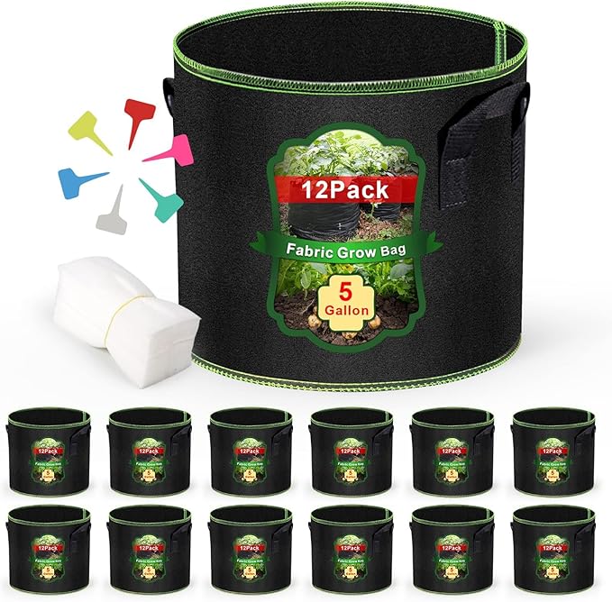 5 Gallon Grow Bags 12 Pack - Thickened Nonwoven Aeration Planter Bags with Handles, Plant Tags & Seedling Bags, Heavy Duty Black Fabric Pots for Vegetable Gardening Garden Outdoor