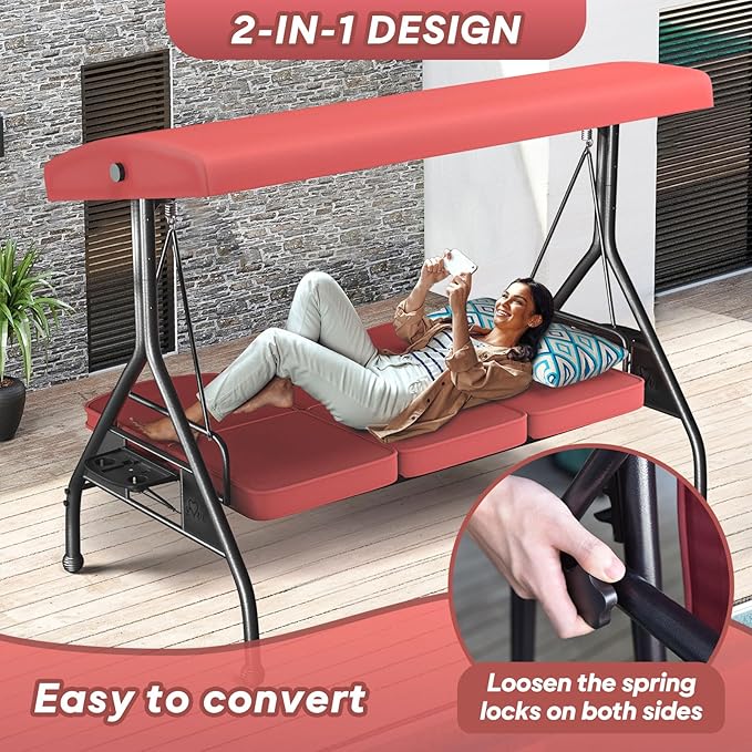 3 Seat Outdoor Porch Patio Swing with Stand 800lbs 2-in-1 Convertible Swing Bed with Adjustable Canopy & Removable Cushion for Yard Garden Deck (Wine Red, Round Tube)