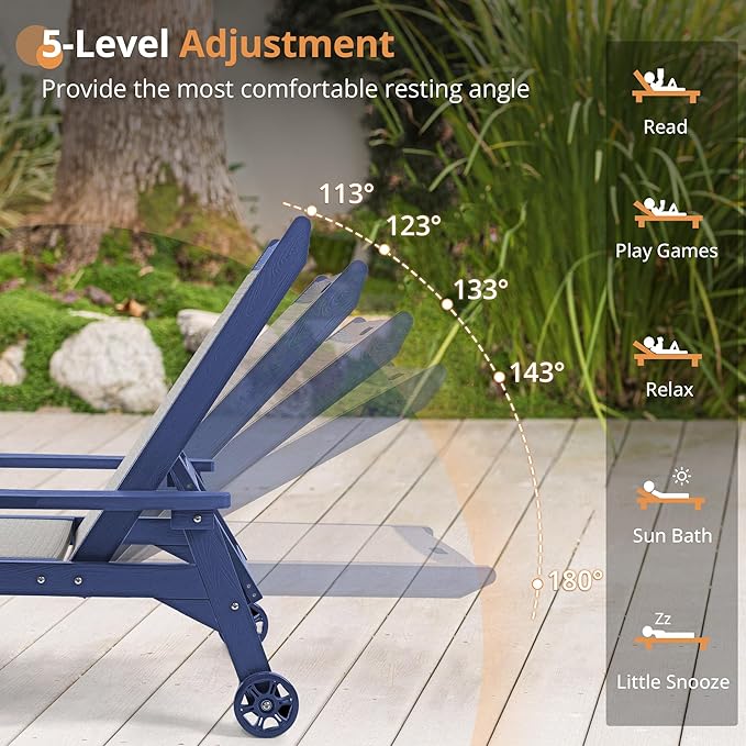 LUE BONA Chaise Lounge Chair Outdoor Set of 4, HDPS and HDPE Wicker Material, Patio Lounge Chair with Adjustable Backrest, Resin Pool Lounge Chairs with Wheels for Backyard, Poolside and Deck