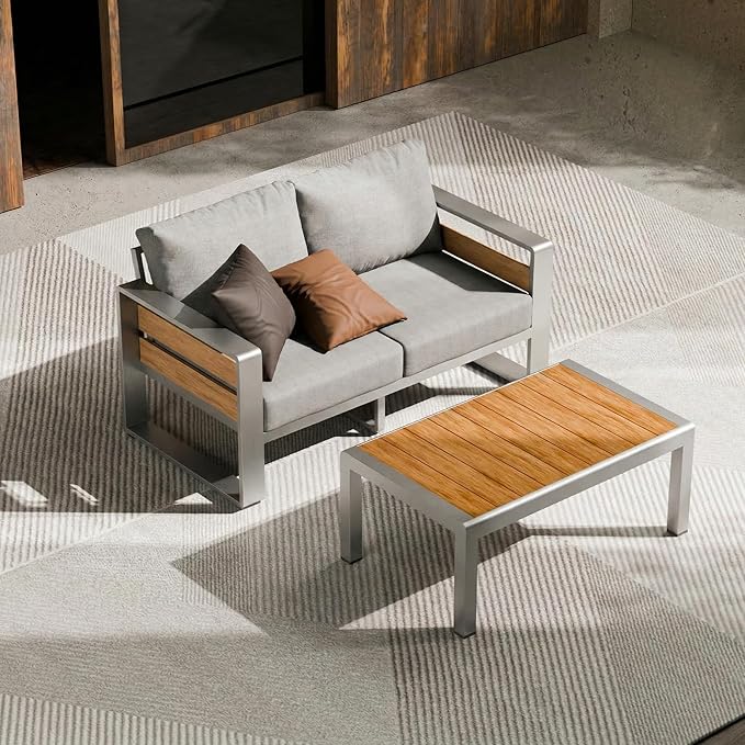 ZANDOR Aluminum Outdoor Patio Furniture - 1 Pcs Loveseat and Coffee Table, All-Weather Metal Modern Outside Furniture with Washable Thick Cushion for Garden/Backyard/Porch, Silver