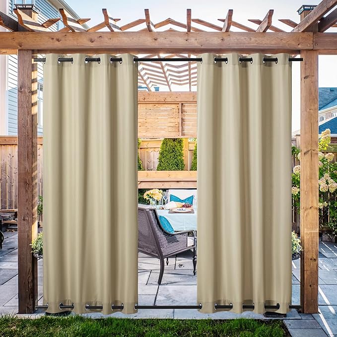 NICETOWN Canvas Patio Curtains for Outdoor Waterproof 2 Panels, Home Fashion Machine Washable Grommet Top & Bottom Fixed Thermal Insulated Privacy Drapes for Balcony/Gazebo, 55" W x 108" L, Taupe