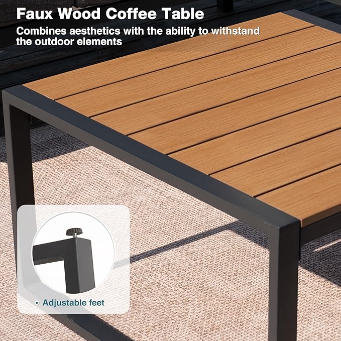 Metal Patio Furniture Set, 6 Pieces Outdoor Sectional Sofa Set with Side Table, L Shape Patio Conversation Set with Faux-Wood Tabletop, Outdoor Couch for Balcony, Porch, Backyard,Beige