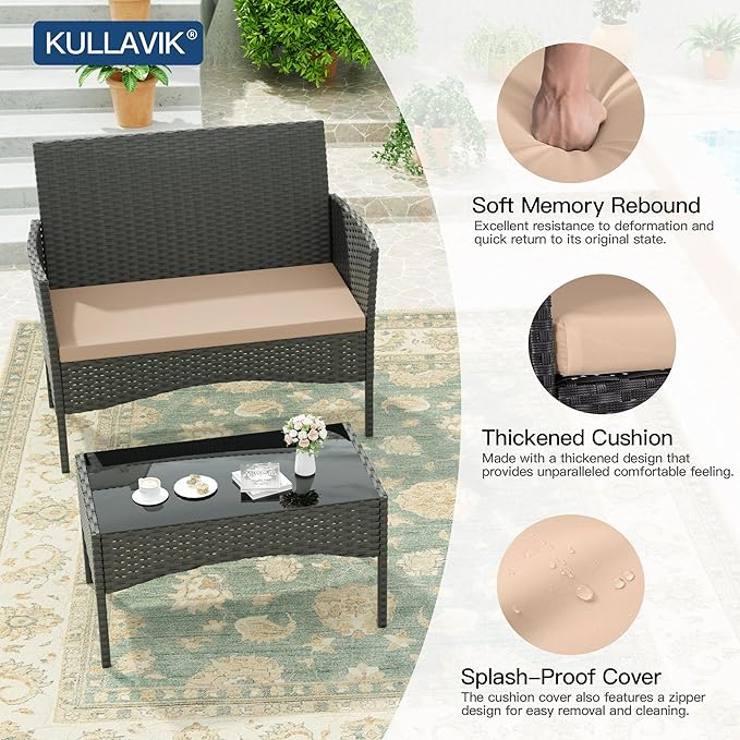 Kullavik 4 Pieces Outdoor Patio Furniture Set,PE Wicker Rattan Chairs Garden Conversation Sets with Tempered Glass Table and Soft Cushions for Lawn,Pool or Backyard,Sand