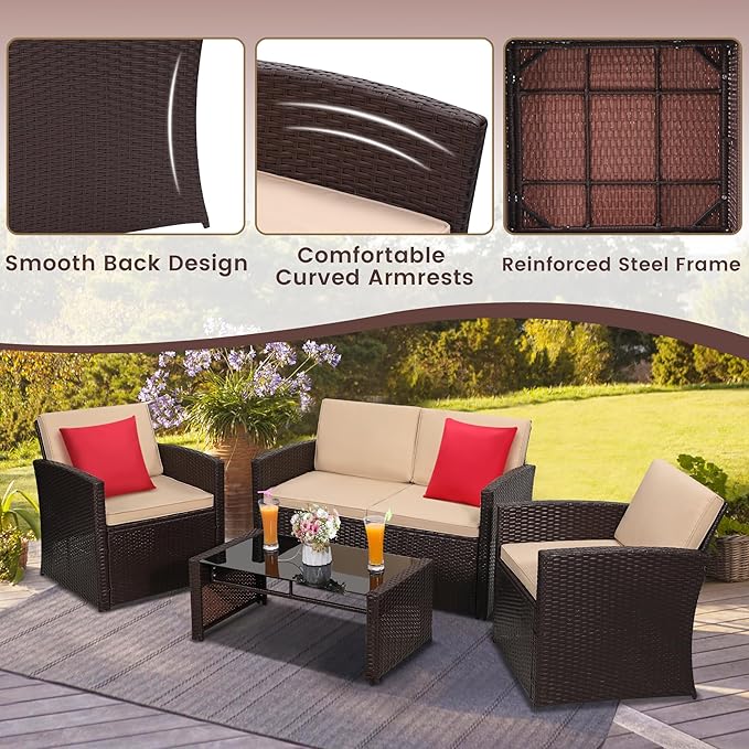 4-Piece Patio Furniture Set, Wicker Outdoor Rattan Sectional Sofa with Cushions and Glass Table, All-Weather Outdoor Conversation Set, Ideal for Garden, Porch, Backyard, Beige