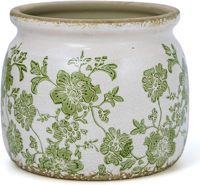 Flower Pot,Vintage Ceramic Pot for Planter with Drainage Holes, 6.29 inch Ice Crack Glazed Indoor Planters Pot for Indoor,Tucan Home Decor,Gardening Gifts,Green (Modern)