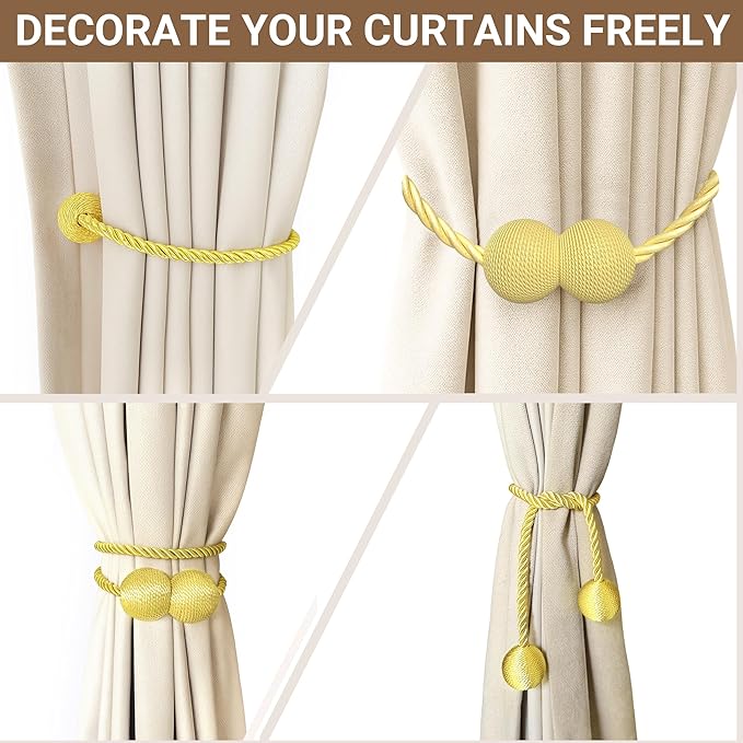 Hion Magnetic Curtain Tiebacks Golden 6 Pack, Curtain Tiebacks Buckles Holdbacks Holders Hooks Clip for Home Bedroom Office Decorative Thick or Thin Curtain