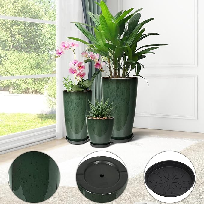 24/21/12 Inch Large Plastic Planter, Lightweight Ceramic-Look Tall Planters with Drain Hole & Saucers, Tall Plastic Planters for Porch, Garden, Patio, Balcony(Dark Green)